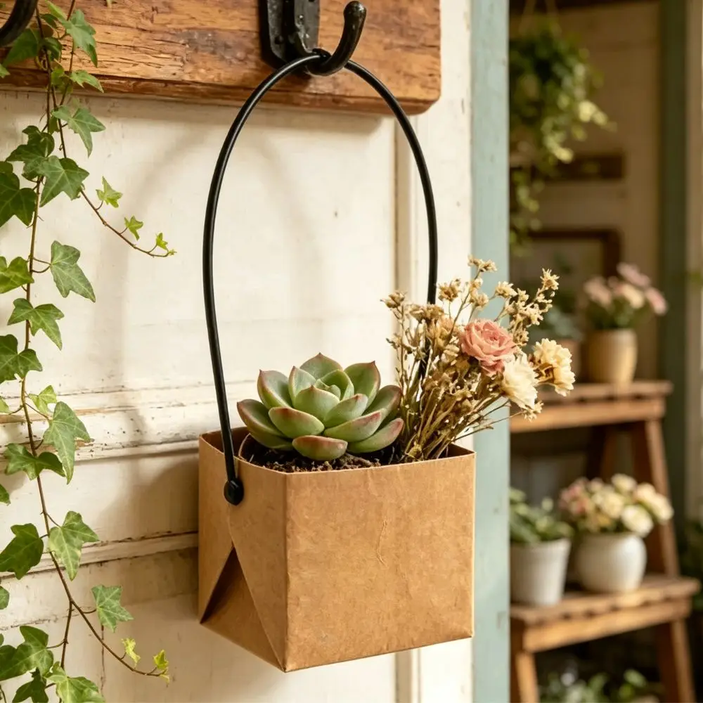 5/20pcs Small Square Paper Flower Box with Curved Handle Succulent Potted Packaging Bag for Holiday Gifts YMY