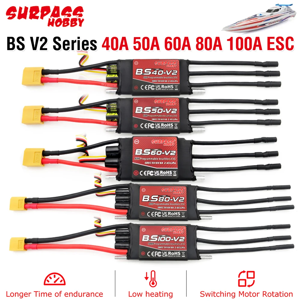 SURPASS HOBBY Boat Brushless ESC BS-V2 Series 40A 50A 60A 80A 100A Waterproof ESC 32-bit 5V/6V BEC Speed Controller For RC Boat