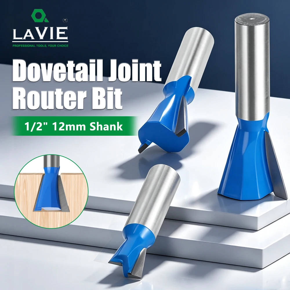 LAVIE 1/2" Shank Dovetail Bit Carbide Tipped Wood Router Cutter 3/8 1/2 5/8 3/4 Inch Diameter For CNC Joinery C12026
