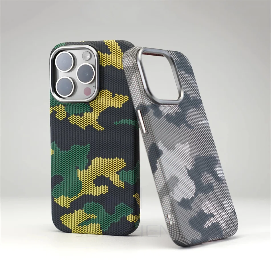 Mganetic Camouflage Carbon Fiber Pattern Case For iPhone 15 14 13 16 Pro Max Alloy Lens Hard Cover For Magsafe Wireless Charge