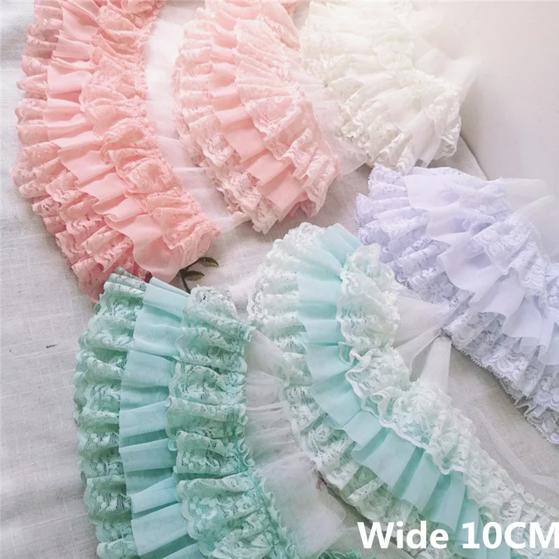 10 cm breit, drei Schichten, plissierter Chiffon-Spitzenstoff, bestickt, Rüschenbesatz, Band, Vorhang, Quaste, Kleid, Saum, DIY-Nähdekoration