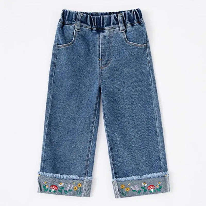 Autumn and Winter Girls' New Mushroom Embroidery Cute and Casual Versatile Elastic Waist Straight Leg Denim Pants