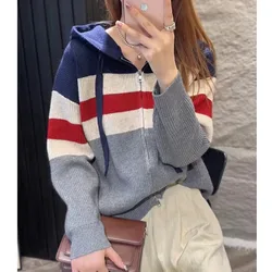 Western style striped double zipper hooded cashmere knit cardigan coat women spring and autumn loose wool hoodie