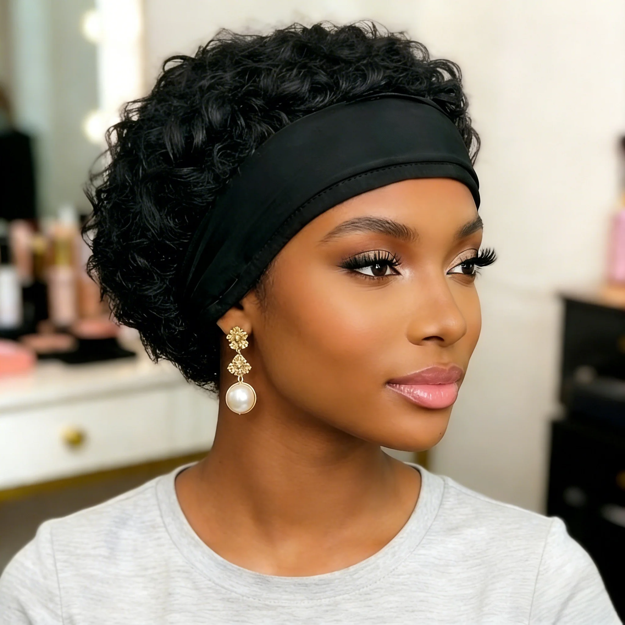 

Pixie Headband Curly Wig Brazilian Human Hair Wig Full Machine Made Wig 6 Inch