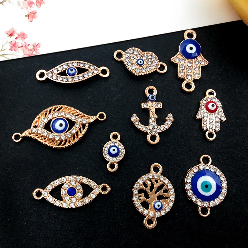 KC Silver Color Rhinestone Turkish Evil Eye Charm For Jewelry Making 2 Holes Connector DIY Bracelet Necklace Accessories Supply
