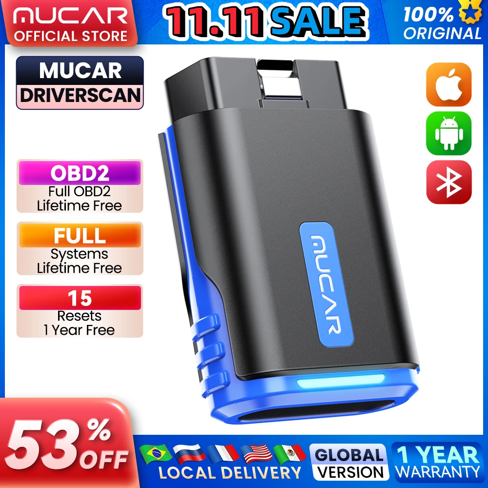 MUCAR Driverscan أدوات تشخيص السيارات Obd 2 الماسح الضوئي جميع السيارات قارئ رمز النظام الكامل 15 إعادة تعيين أداة مسح ثنائية الاتجاه