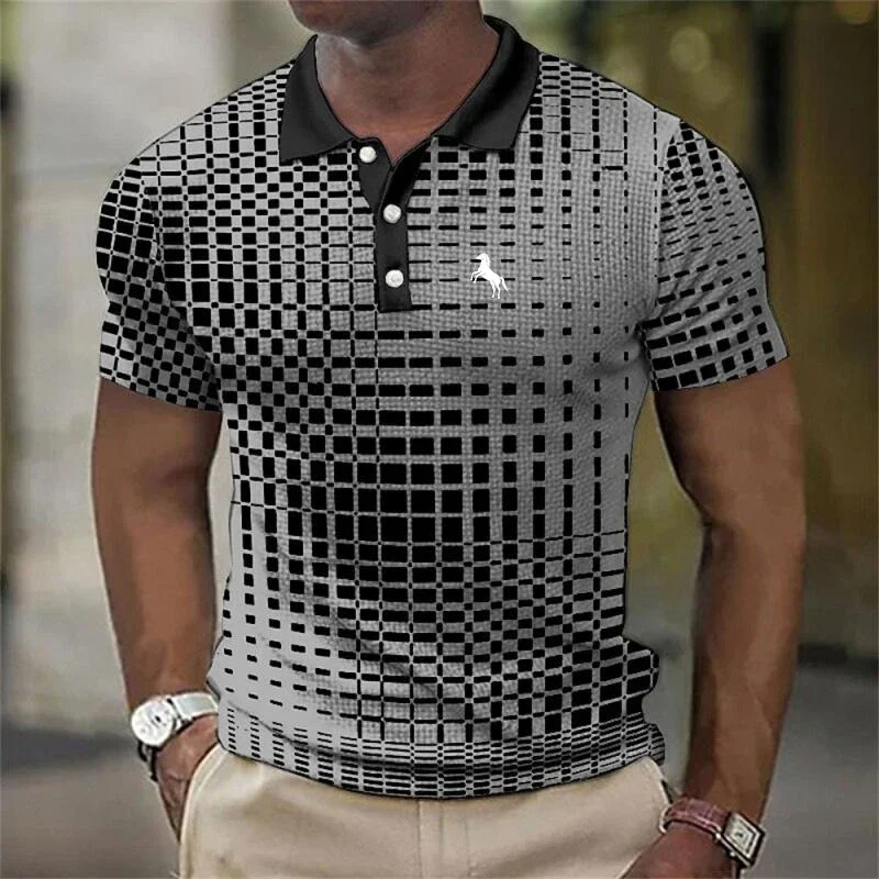 3D Digital Print Stripe Short Sleeve Polo Shirt Men Summer Casual Polo Shirt Button Lapel Polo Shirt Golf Polo Shirt Tops