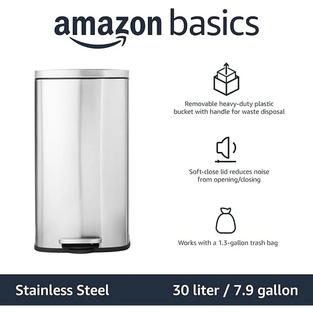 Basics Smudge Resistant Rectangular Trash Can With Soft-Close Foot Pedal, Brushed Stainless Steel, 30 litre/7.9 Gallon