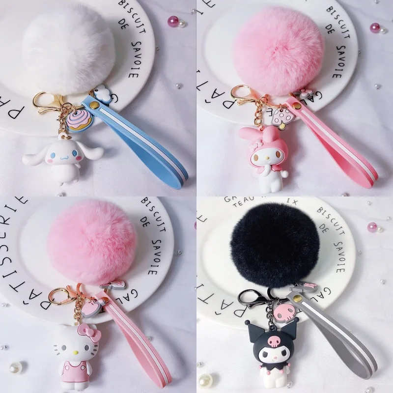 

Hello Kitty Sanrio Kuromi Penguin Frog Dog Cat Cute Keychains with Fluffy Rabbit Fur Ball Women Girl Bag Pendant Keyring Gifts