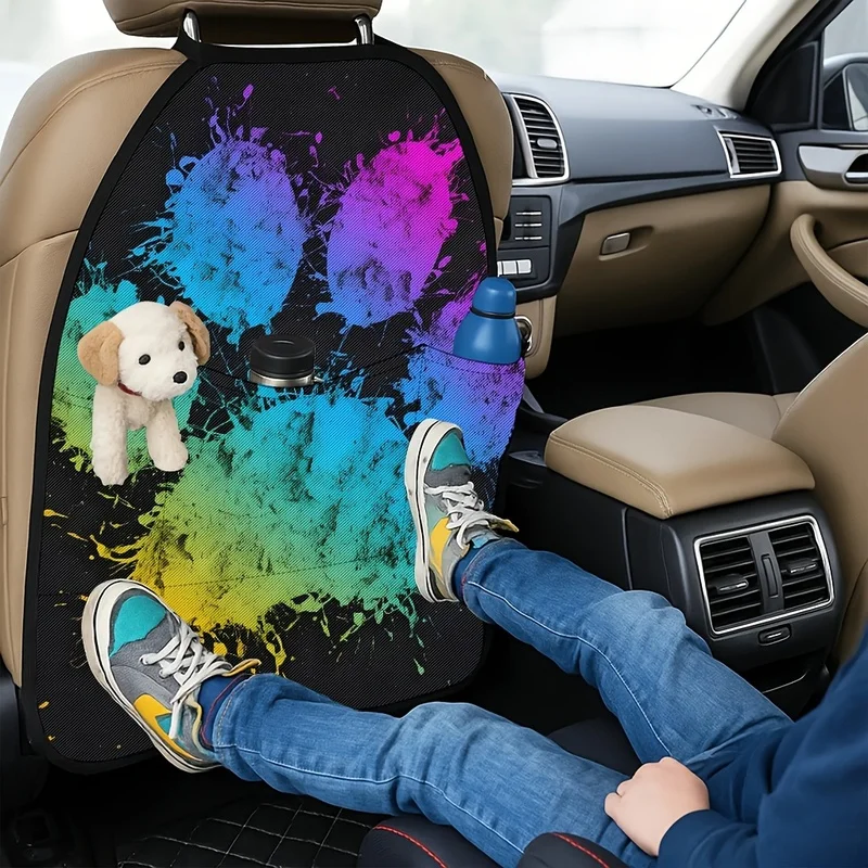 Car Seat Back Covers With Storage Pockets, Colorful Paint Splatter Pet Paw Print, For Pet Enthusiasts