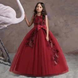 Formal Evening Party Princess Dresses For Girl Christmas Costume Elegant Bow Bridesmaid Lace Flower Prom Dress Wedding Ball Gown