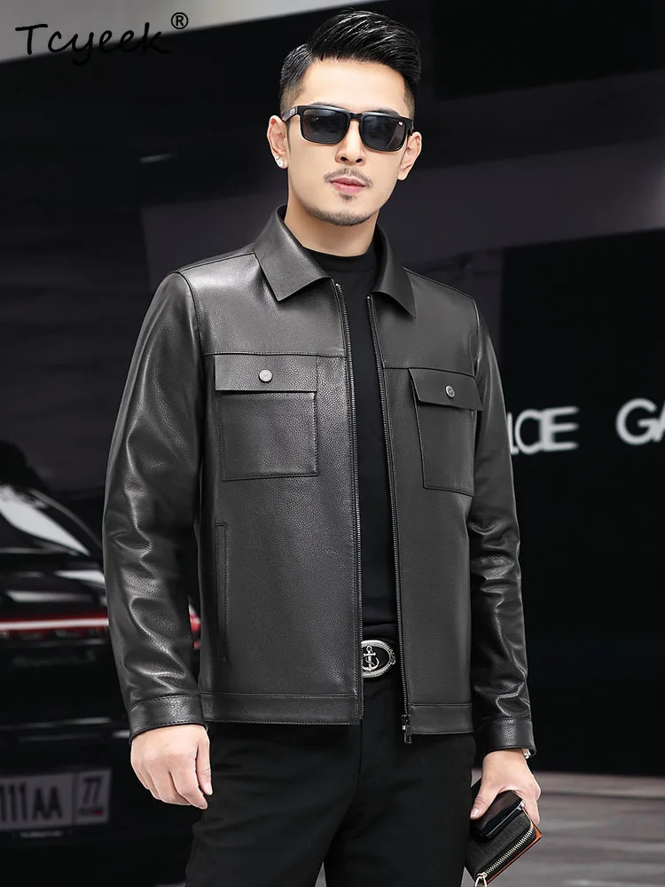 Tcyeek Top Layer Deerskin Real Leather Jacket Men Spring Clothes Motorcycle Coat Man High-quality Slim Fit Trendy Jaqueta Couro