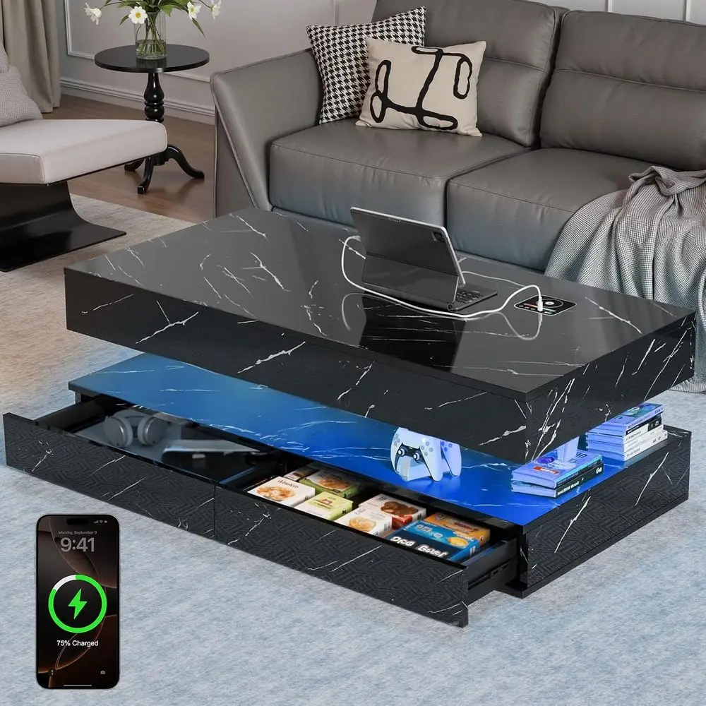 47.2 Black Marble LED Coffee Table with Storage Drawers, Wireless Charging & Bluetooth Speaker