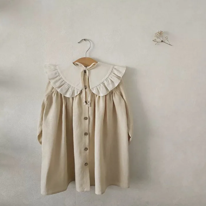 2025 Hot Spring Autumn Girls Cotton  Linen Lotus Leaf Collar Cardigan Palace Style Princess JK Children's Dress with Ins Style