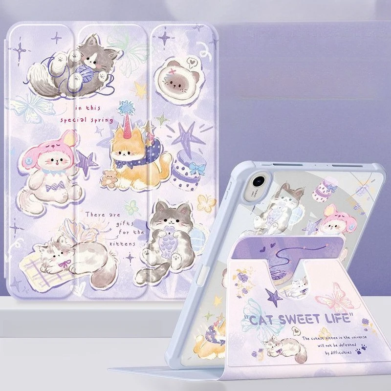 Cute Cartoon Kitten IPad Case for IPad Air8 9th 10.2 10th 10.9 Air4/5 11th A16 Pro 11in Mini6/7 8.3in Acrylic Shockproof Cover