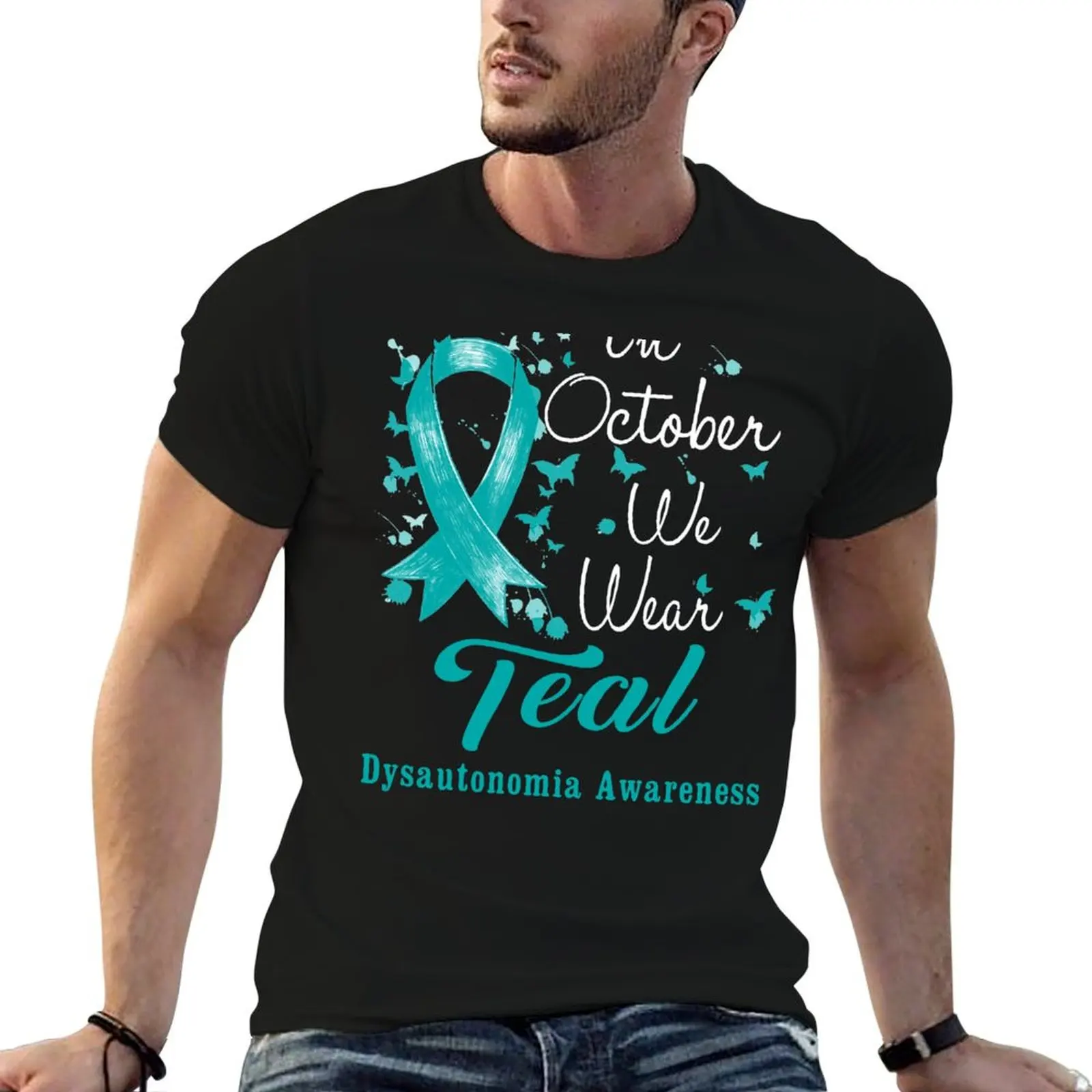 In October We Wear Teal Ribbon Dysautonomia Awareness Fitted T-ShirtT-Shirt anime clothes baggy shirts shirts men