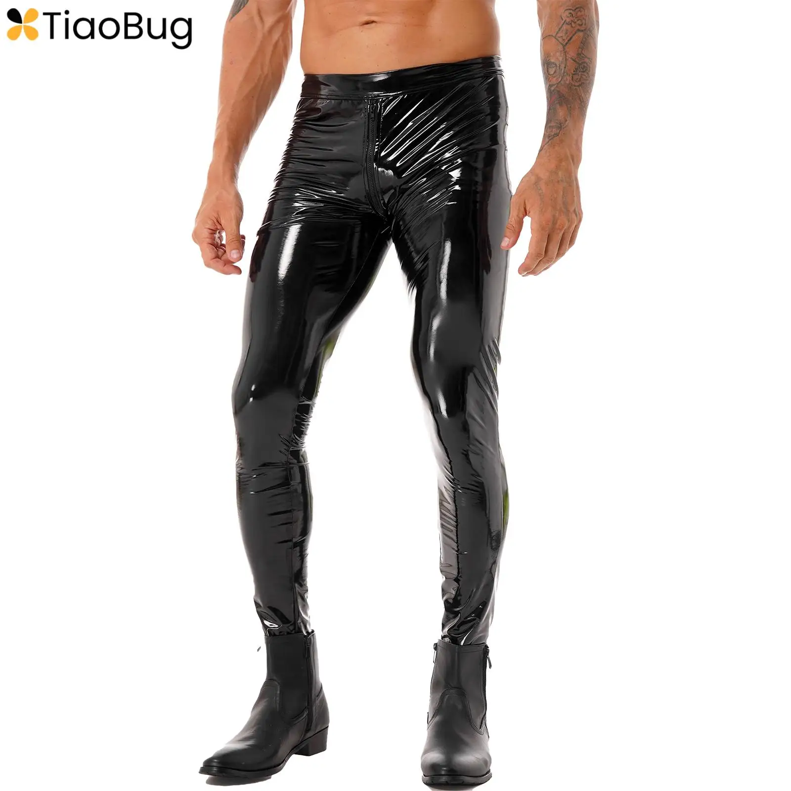 

Mens Zipper Crotch Wet Look Patent Leather Skinny Pants Motorcycling Trousers Leggings Pole Dance Performance Costume Clubwear