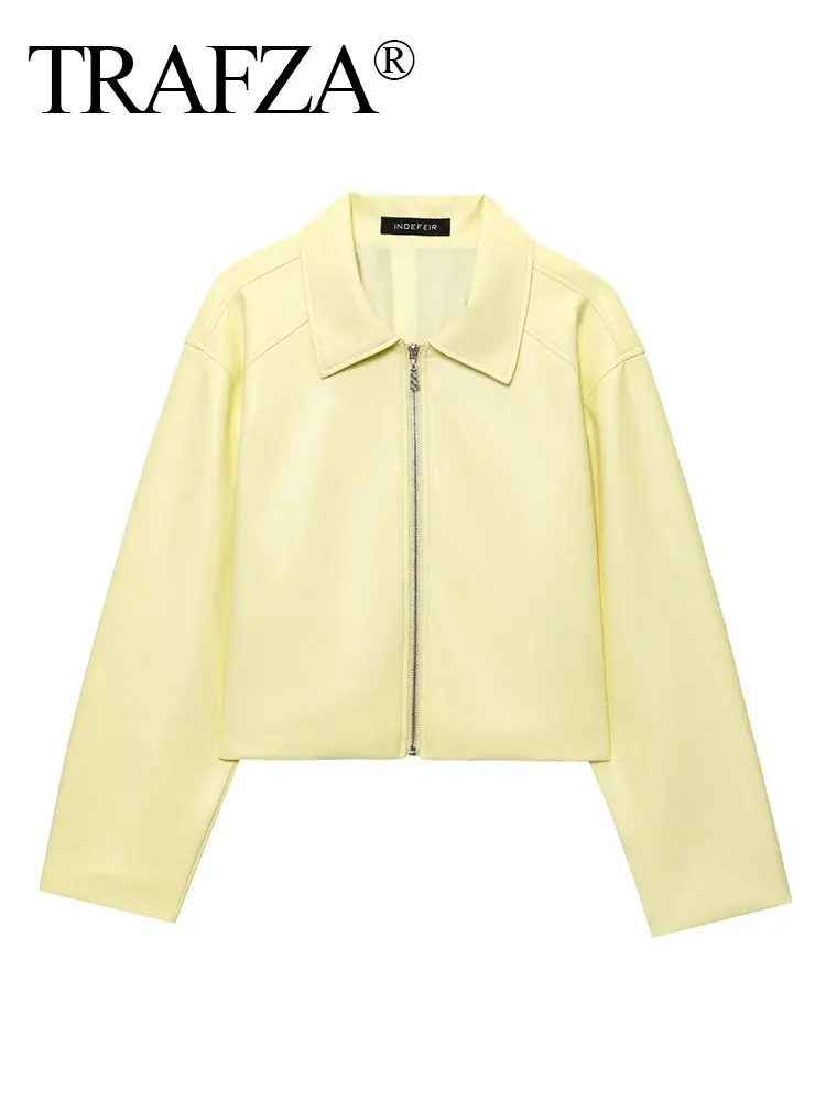

TRAFZA Female Autumn Fashion Coats Solid Y2K Causal Outerwear Turn Down Collar Zipper Long Sleeves Vintage PU Leather Jackets