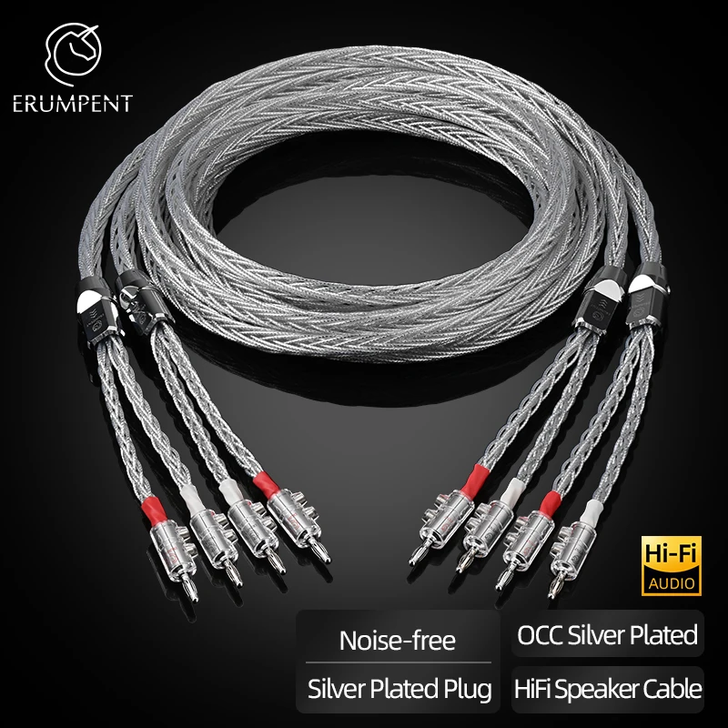 One Pair HiFi Silver-plated Speaker Cable Hi-end OCC Speaker Wire with Pin Banana Plug Cable For Hi-fi System Amplifier Speaker