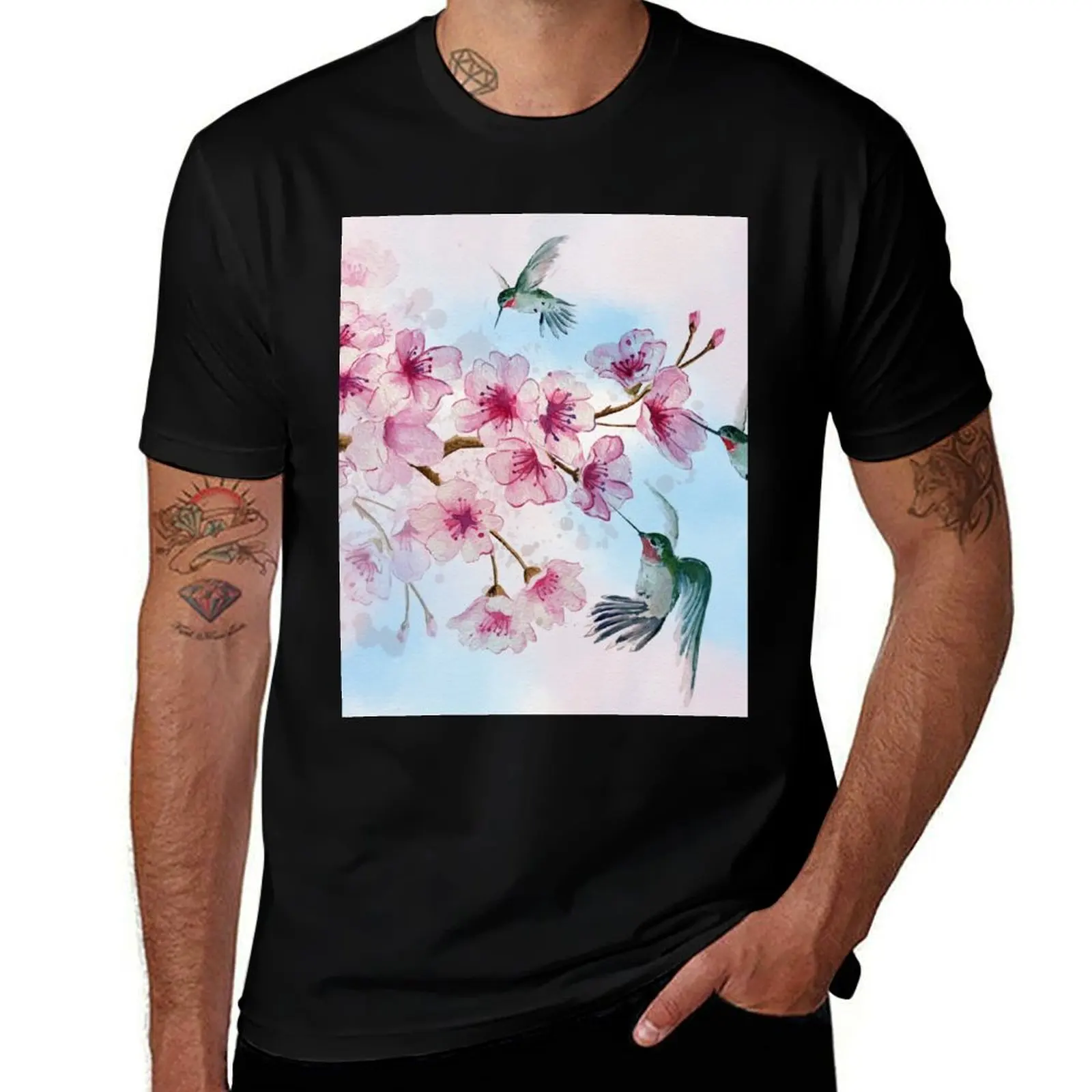 

Cherry Blossom and Hummingbirds T-Shirt t shirt man plain t shirt men 100% cotton luxury brand