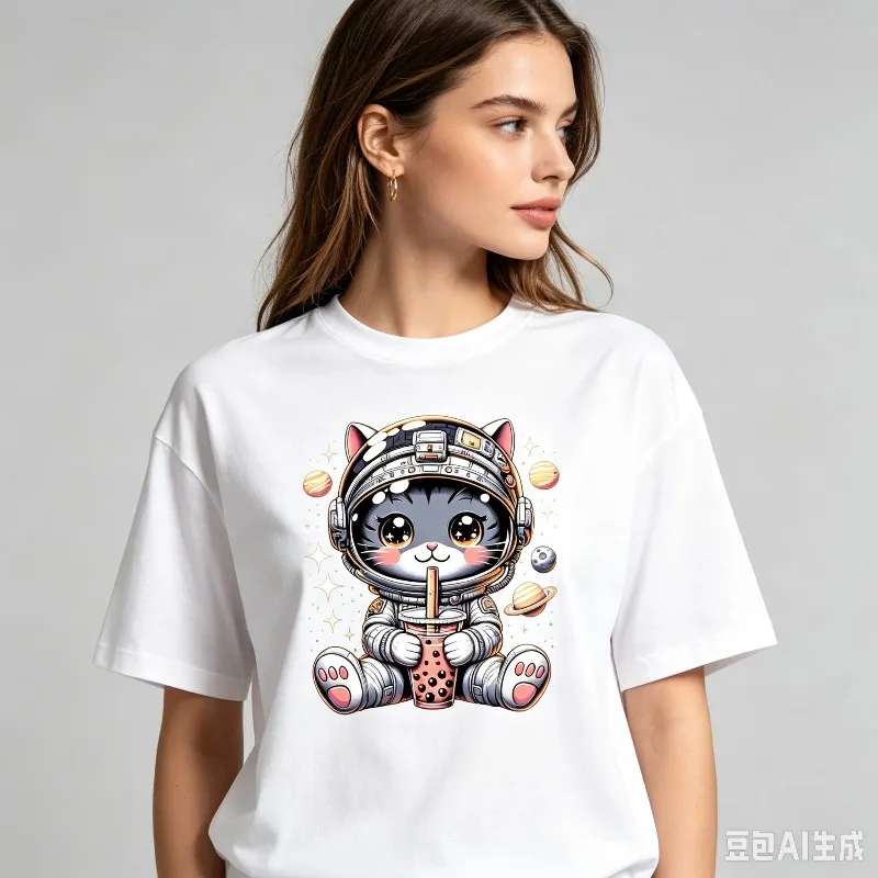 Space Cat Astronaut Bubble Tea Print T-Shirt Women Modal Fabric Loose Crew Neck Tee Cute Galaxy Funny Casual Streetwear Top