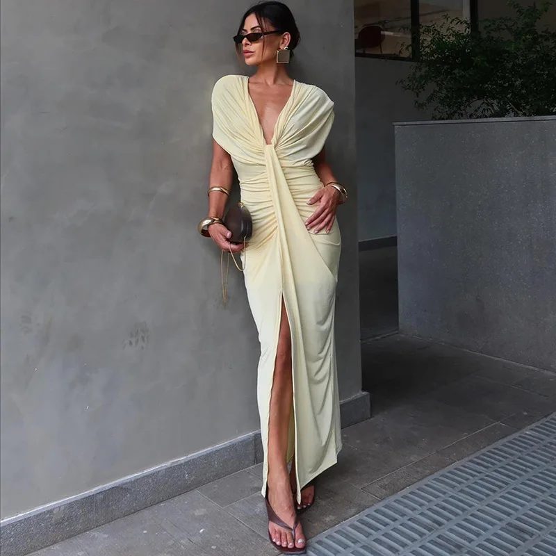 

Talenza Women's Ruched V-Neck Dress Fashion Solid Sleeveless Slit Slim Patchwork Dress Elegant Luxury Female Party Evening Dress