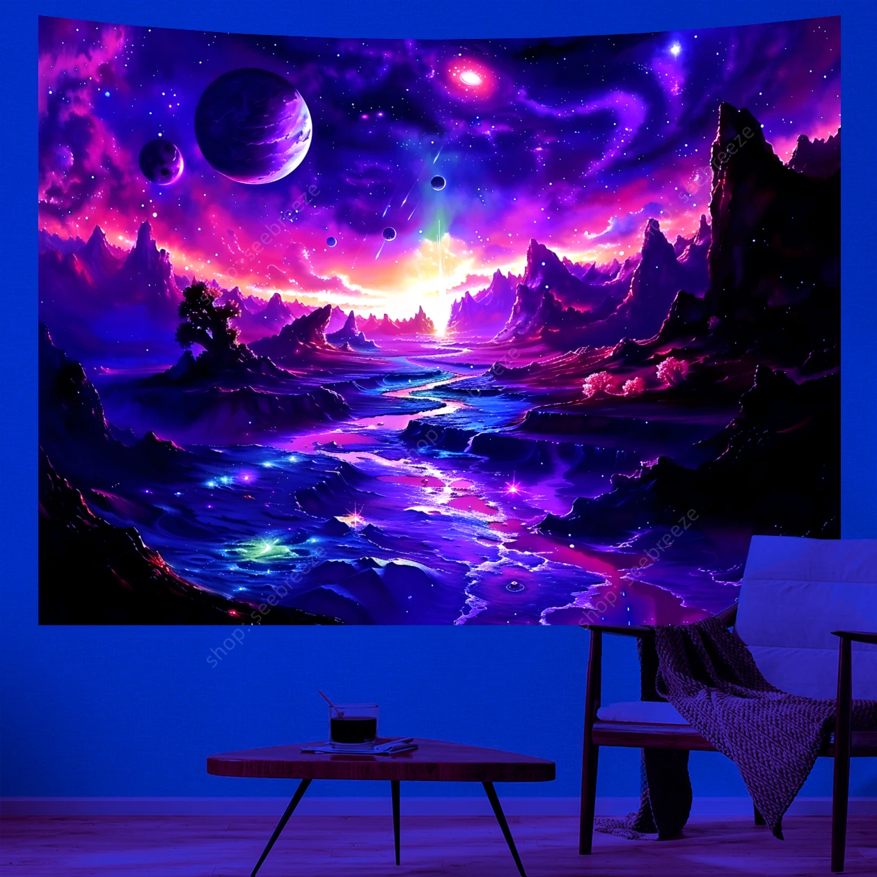 Planet UV Reactive Tapestry Psychedelic Mountain and River Neon Art Wall Tapestry for Bedroom Aesthetic Dorm Party Decor Curtain