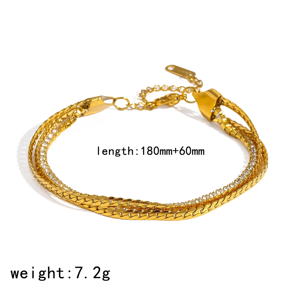18K vergoldetes Edelstahl-Armband mit drei Schichten und glänzenden Zirkonen, wasserdichtes Schmuckzubehör für Damen – Detail 7