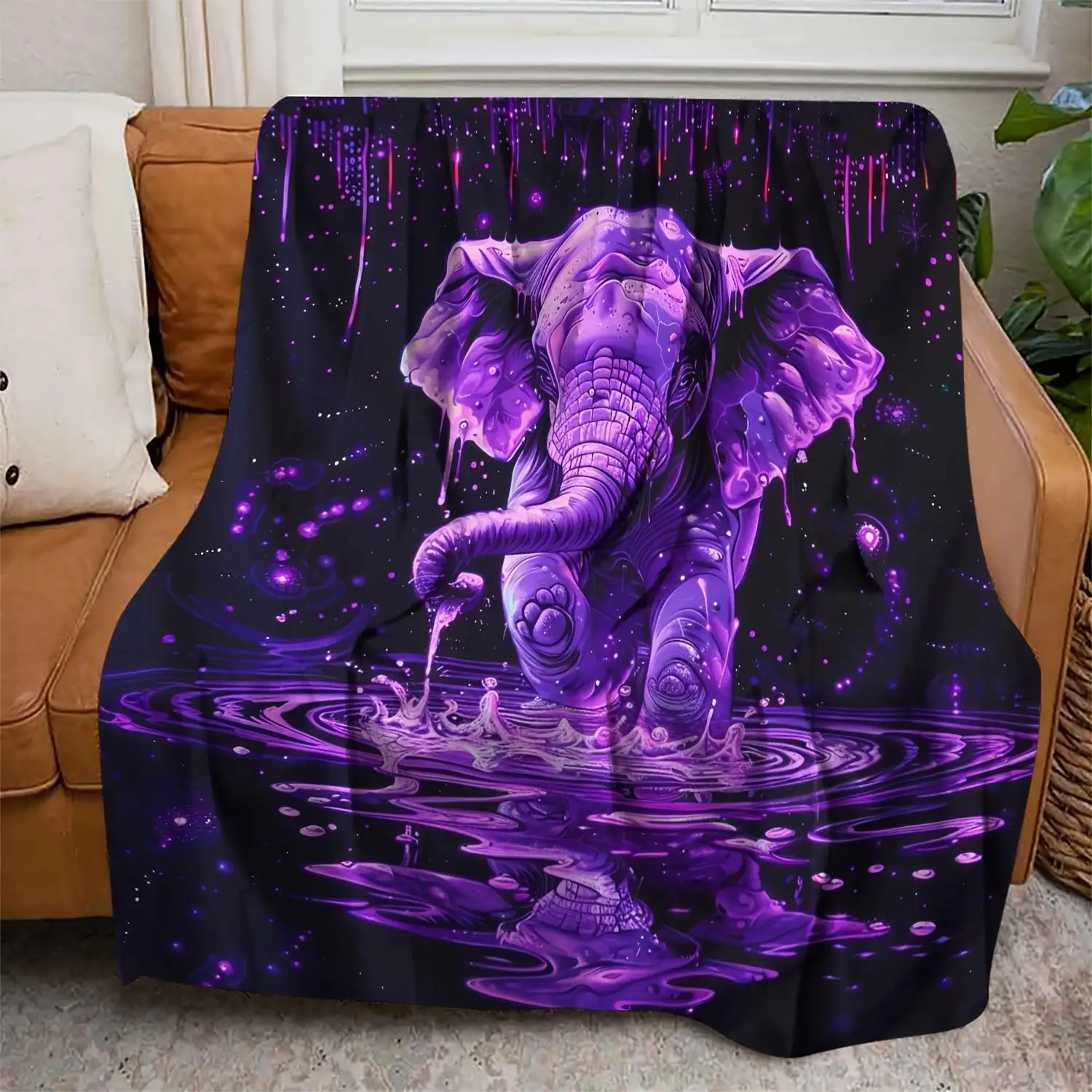 

Ultra Soft Flannel Throw Blanket Purple Elephant Pattern on Black Background For Sofa Bedroom Office Valentine's Day Gift