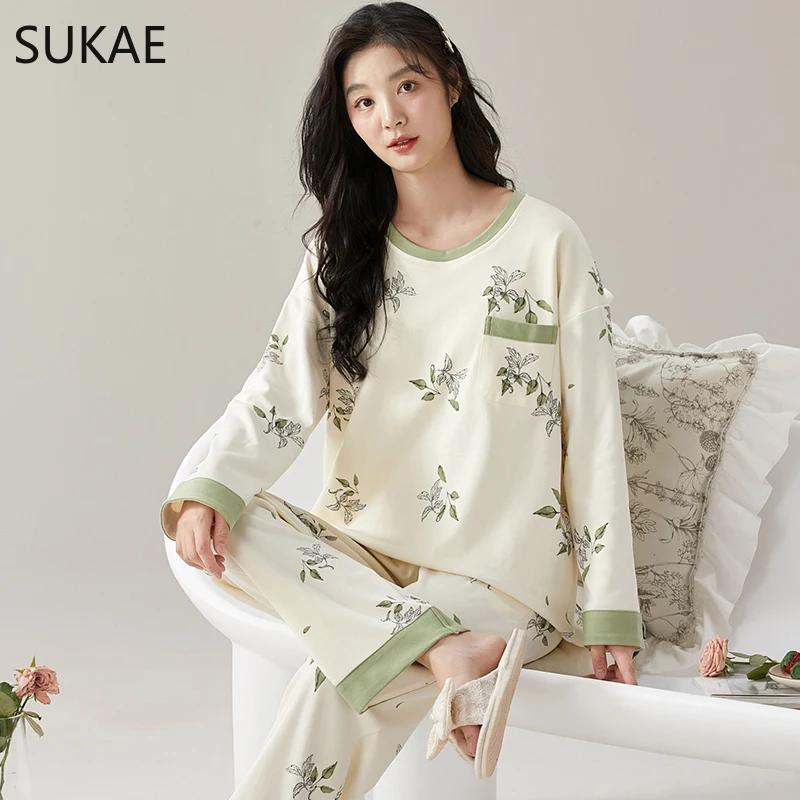 Sukae-女性のための素敵なナイトウェアパジャマセット,フェイクコットンのナイトウェア,女性のためのレジャーパジャマ,長袖,シックなホームウェア,秋冬,新しい