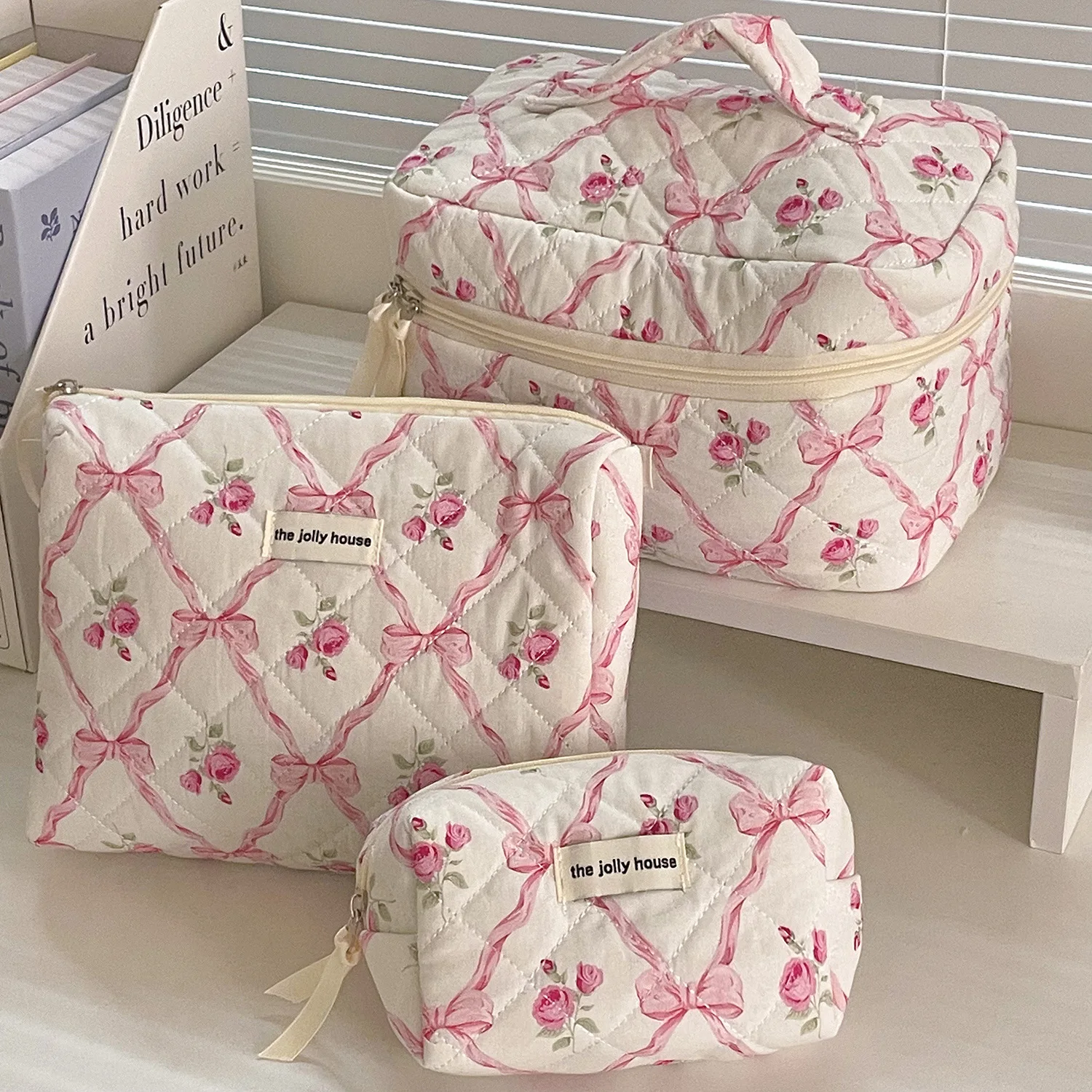 3PCS Bow & Floral Quilted Cosmetic Bag Vintage Court Style Large Capacity Soft Portable Toiletry Makeup Storage Bag