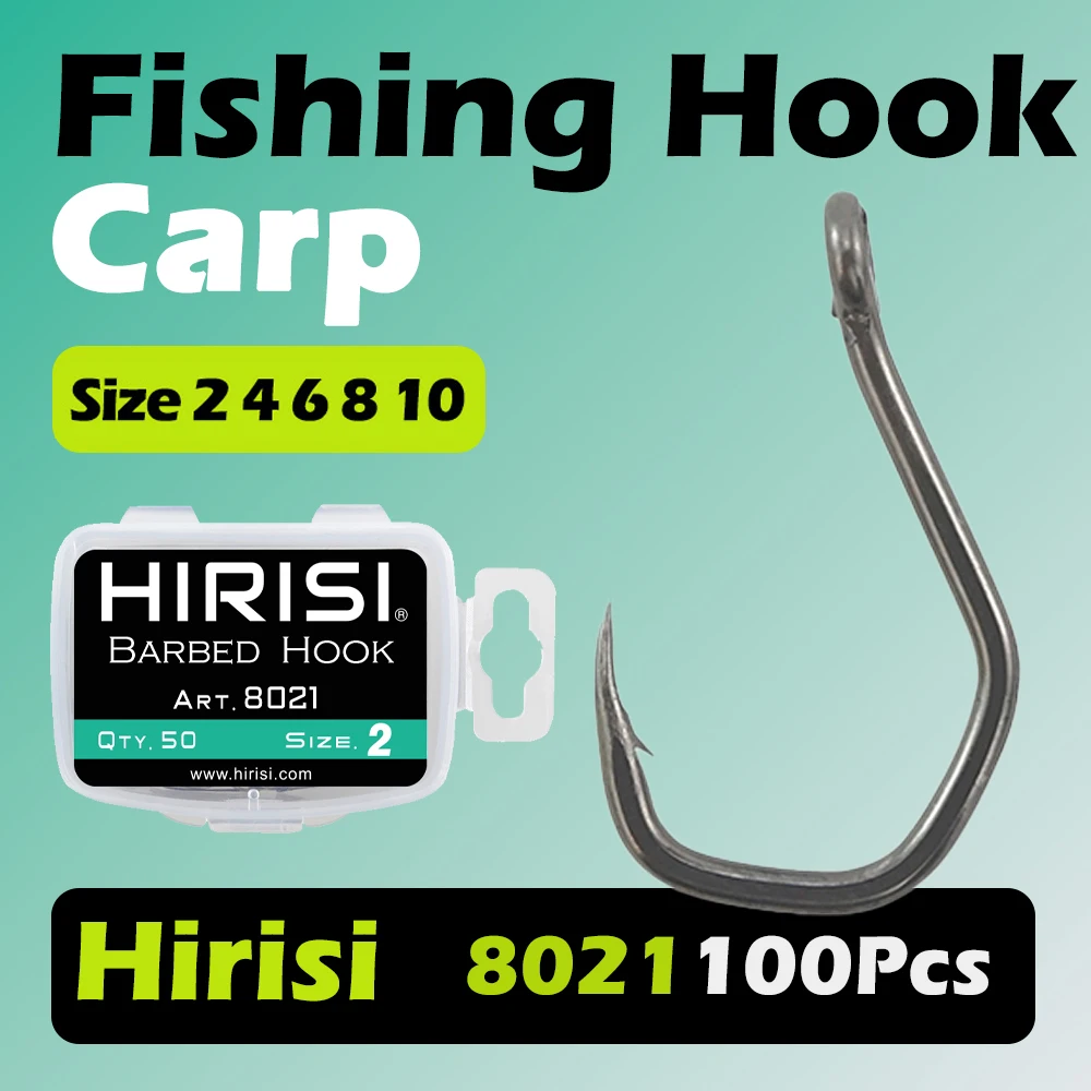 Hirisi 8021 100Pcs PTFE Coated High Carbon Stainless Steel Eyed Barbed Fish Hooks Terminal Tackle Fishing Accessories