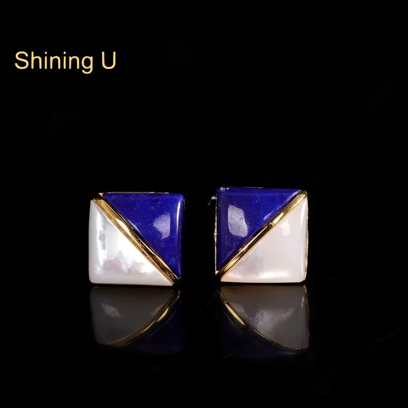 Shining U 925 Sterling Silver Lapis Lazuli Square Stud Earrings for Women Fine Jewelry Summer