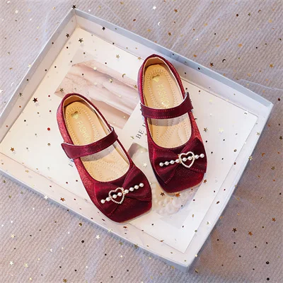 Pearl Love Bow Square Toe Wine Red Shoes for Girls, Girls 2024 Spring and Autumn Suede Casual Shoes, Size 23-34