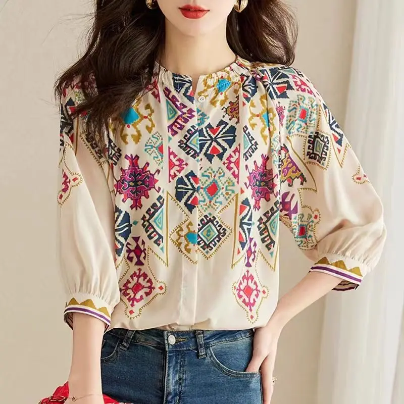 

Elegant Summer Fashion Loose Single-breasted Printing Blouse Women 3/4 Sleeve Slim Office All-match O-collar Chiffon Lady Shirt