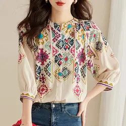 Blusa feminina solta de peito único estampada, manga 3/4, escritório, combinação com tudo, gola-O, camisa de chiffon, elegante, moda verão, senhora