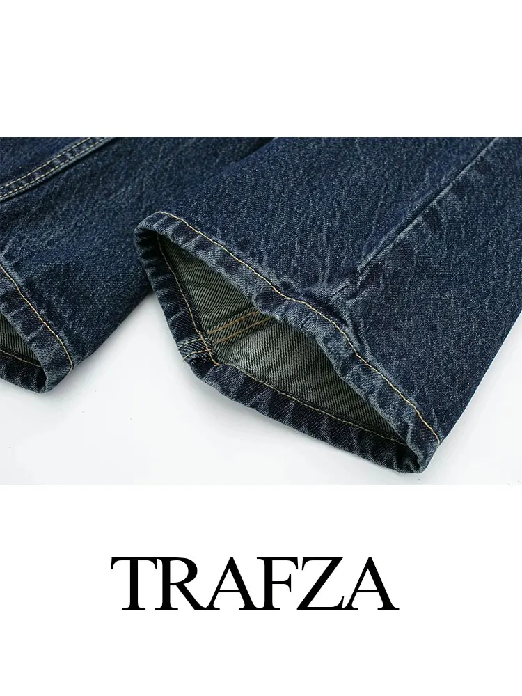 TRAFZA 2024 Autumn Fashion Dark Blue Jeans For Women Denim Solid With Pockets High Waist Street Straight Pants Retro Trousers