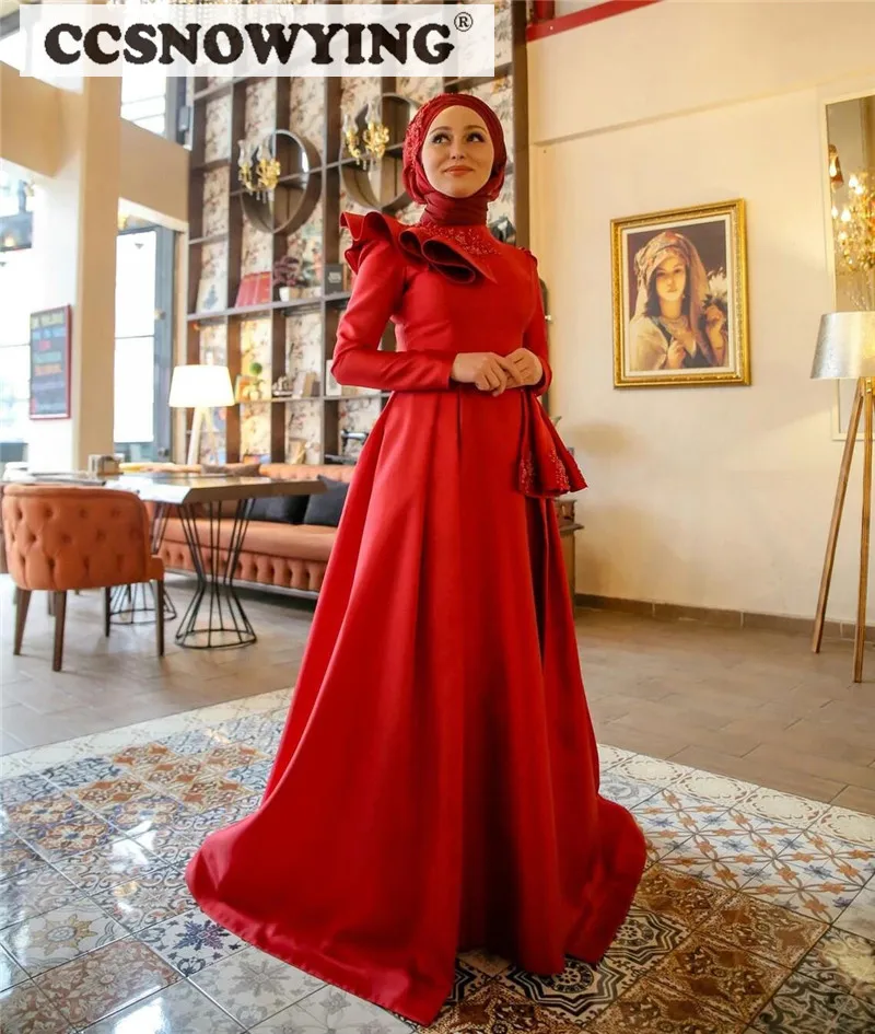 

Satin Appliques Long Sleeves Hijab Evening Dresses High Neck Muslim Formal Party Gown Arabic Dubai Islamic Robes De Soirée