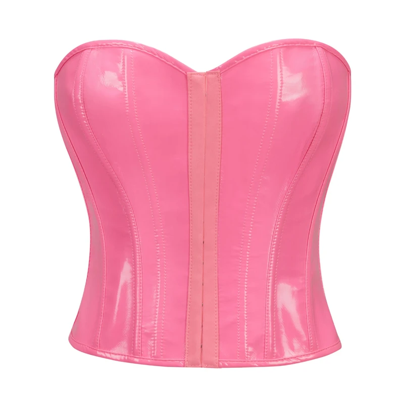 Womens Corset Pink Faux Leather Bustier Top Vintage Gothic PU Leather Burlesque Lingerie Sexy Shapewear Party Club Corselet