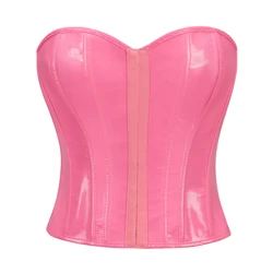 Womens Corset Pink Faux Leather Bustier Top Vintage Gothic PU Leather Burlesque Lingerie Sexy Shapewear Party Club Corselet