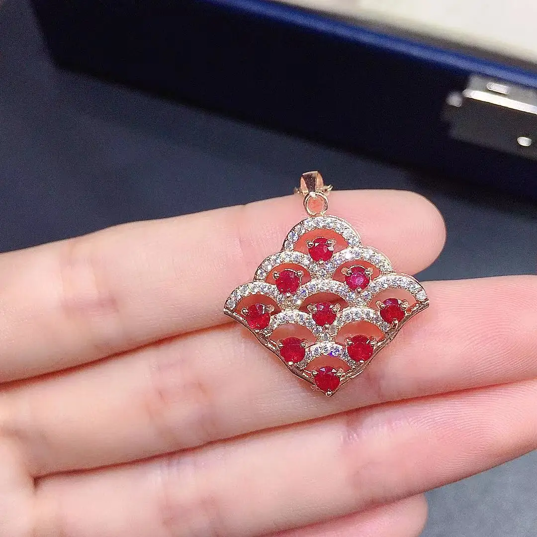 Classic 925 Silver Ruby Pendant for Party Total  3mm*3mm  9pieces Natural Ruby Necklace Pendant with 3 Layers 18K Gold Plating