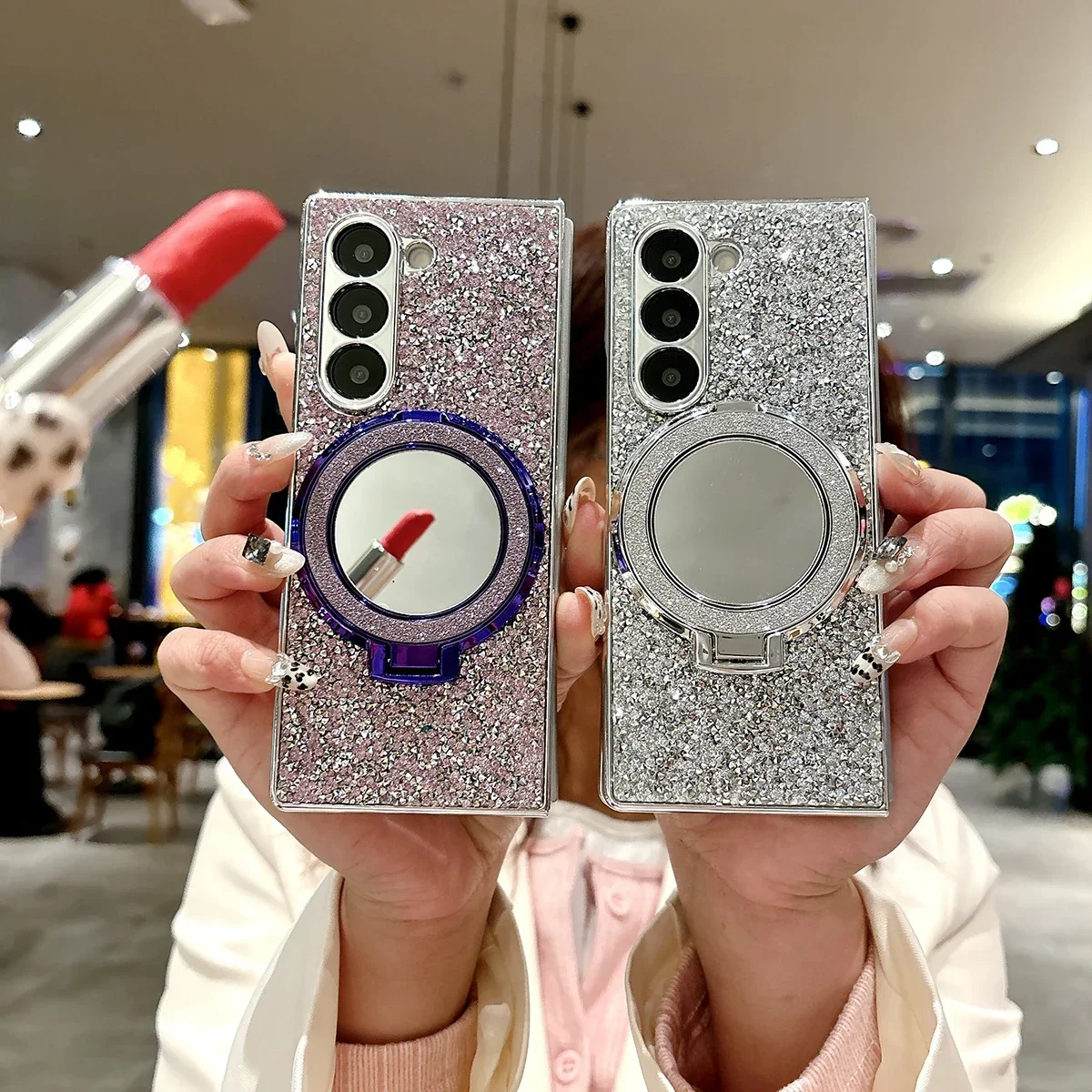 

Luxury Fashion Plated Shiny Diamond Phone Case Samsung Galaxy Z Fold 7 6 5 4 Glitter Makeup Mirror Bracelet Drop Resistant Cover