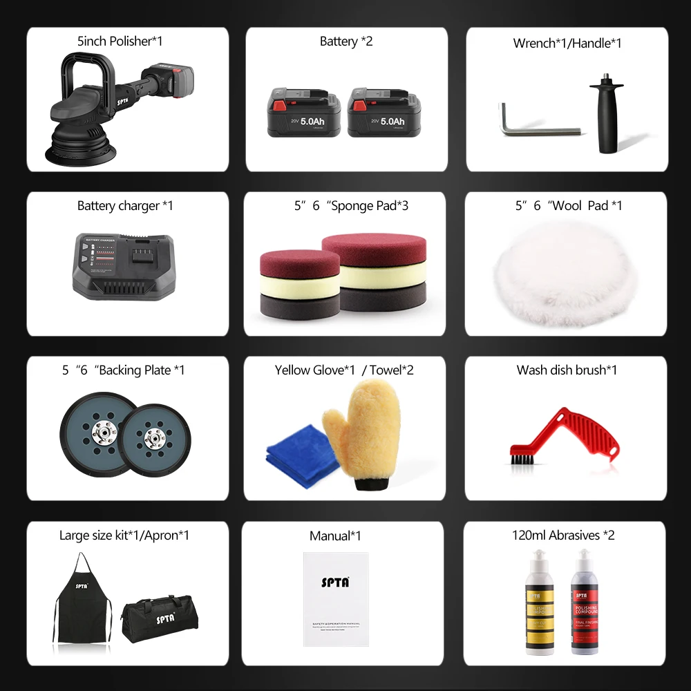 SPTA 20V 5Inch Fast Charge Cordless Car Polisher Dual Action 15mm Orbit Variable Speed Polishing Machine With 4000mAh Battery