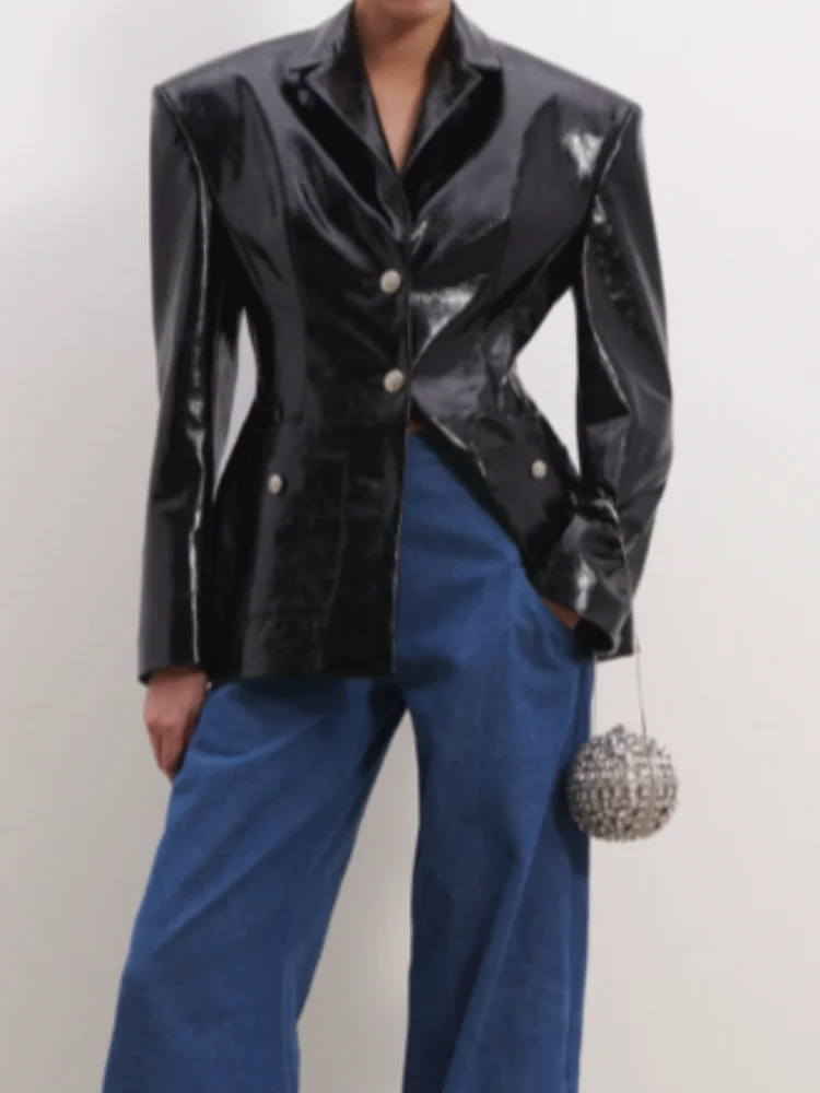 Manteau Blazer en cuir verni noir pour femmes, Chic, décontracté, manches longues, revers, col en v, simple boutonnage, veste courte, vêtements pour les déplacements quotidiens