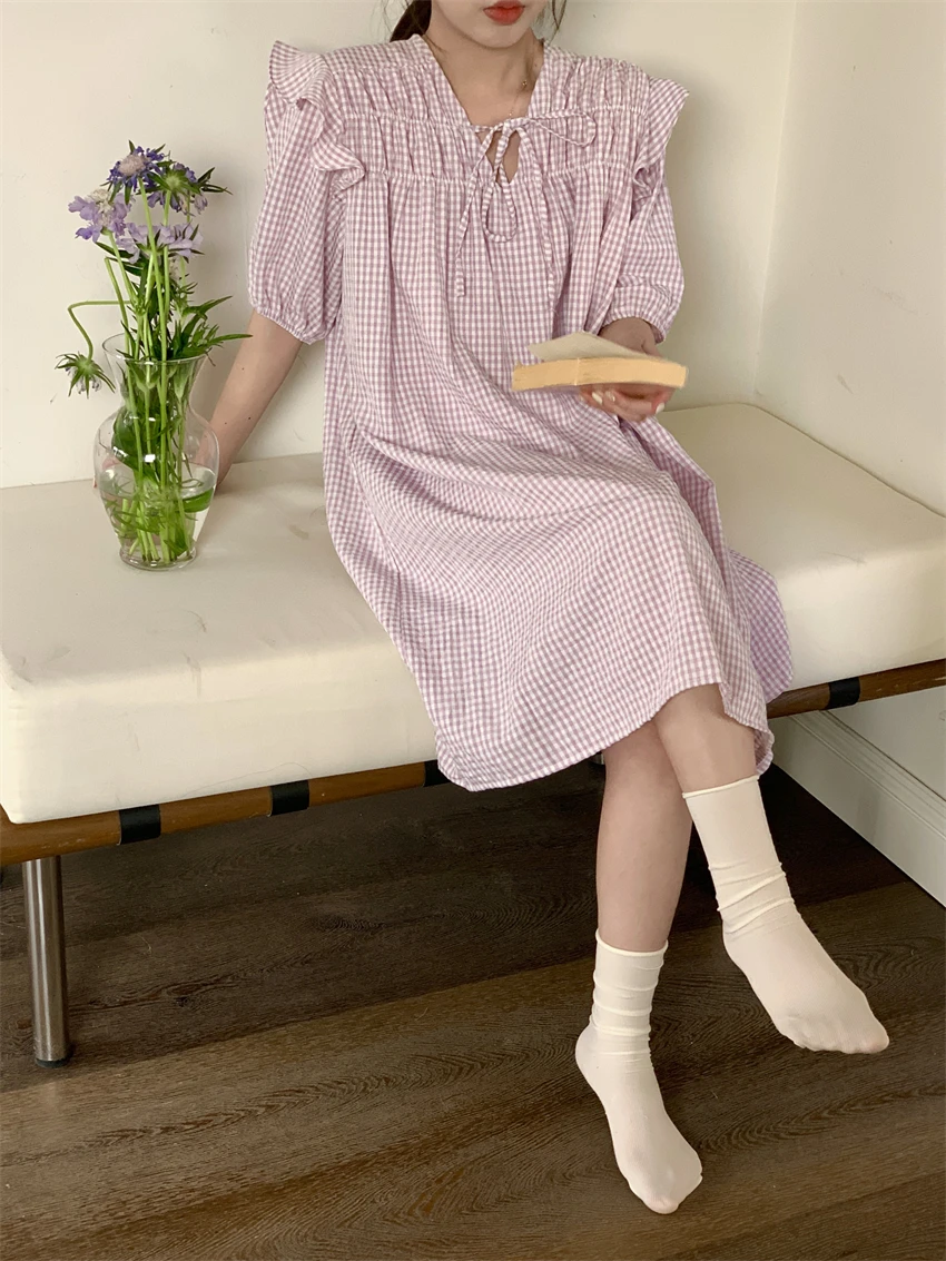 Purple Plaid Summer Nightgown Women Bow Lace Up Ruffles Korean Long Sleepwear Loose Elegant Night Dress Pleated Midi Length Ins