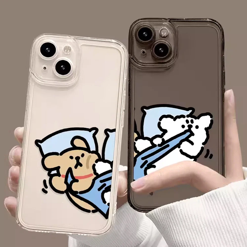 Cute Cartoon Dog Couple Phone Case for IPhone 16 14 13 12 11 Pro Max Mini X XS MAX  7 8 14Plus Fundas Funny Animal Clear Cover