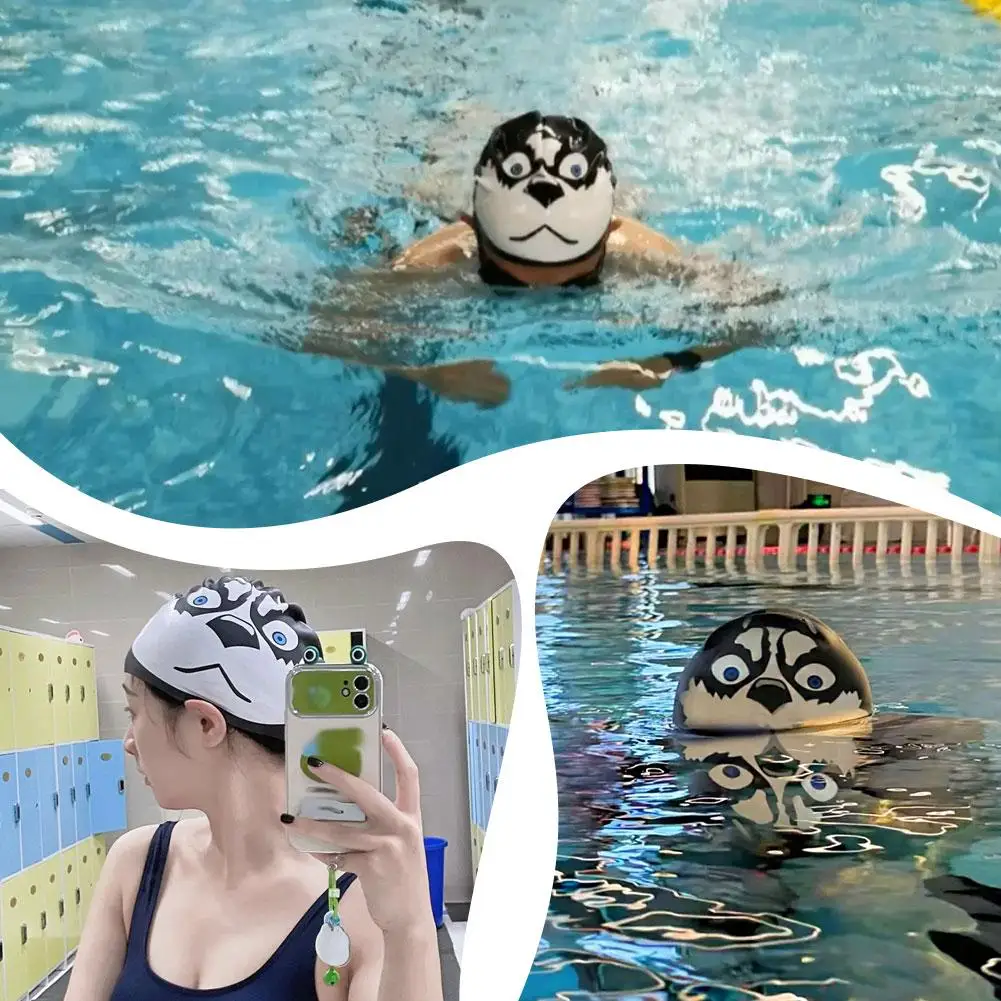 Desenhos animados Engraçado Husky Swim Cap, Gel De Sílica, Super Elástico, Piscina Confortável Natação, à prova d'água, V3n3