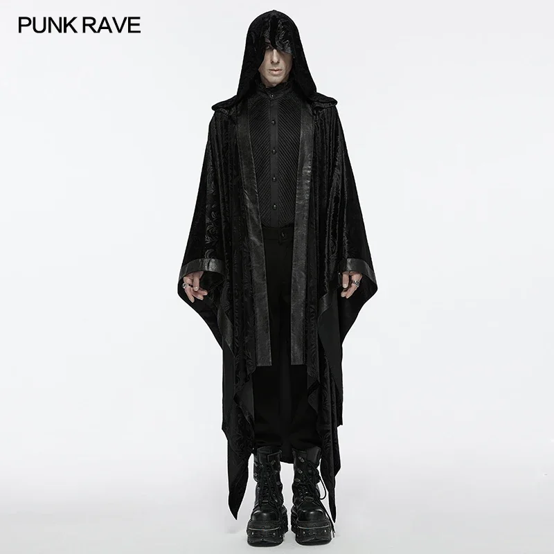 PUNK RAVE Gothic Novelty Men's Black Red Overbearing Winter Long Cloak with Fur Men Cosplay Party Palace Wool Jacket Cape Coat