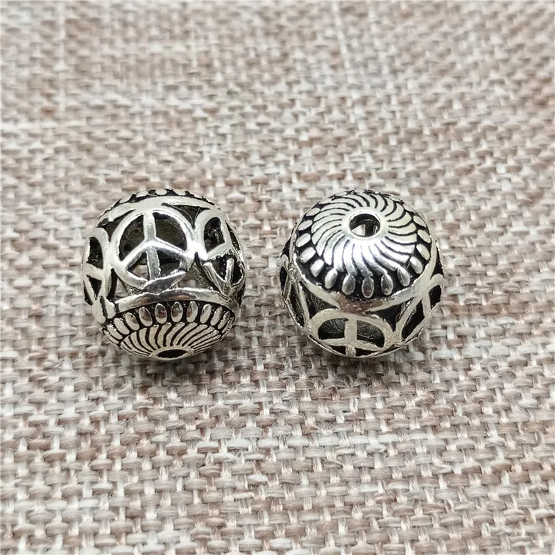 925 Sterling Silver Peace Sign Symbol Round Bead 12mm for Bracelet Necklace Findings, 1 Piece