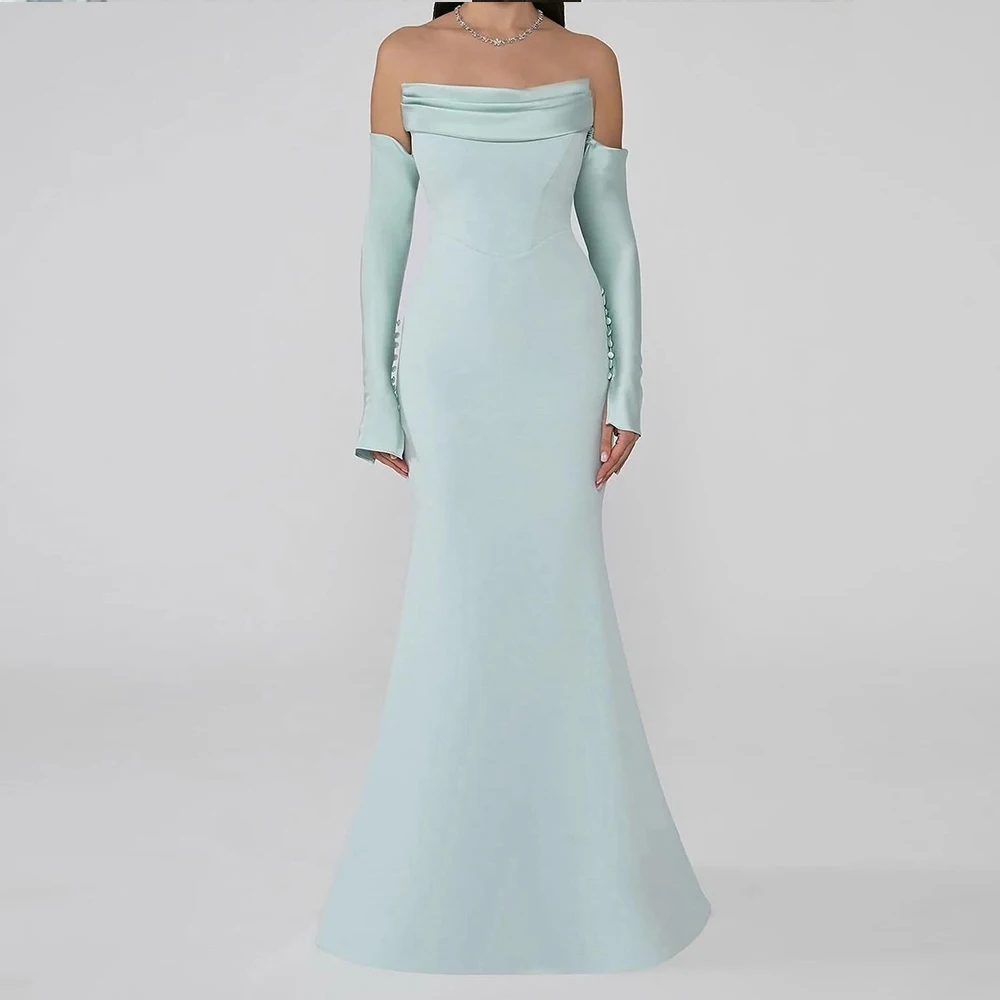 Elegant Blue A-Line Floor Length Boat Neck Detachable Sleeve Jersey 3/4 Sleeves Party Dress Evening Gowns  Pleats Saudi Arabia